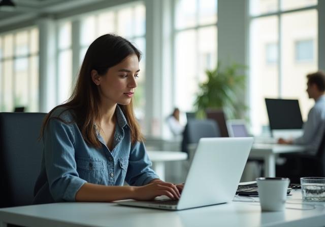Person working on a laptop in a well-designed office